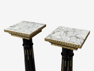 Maison Jansen Hollywood Regency Marble Top Pedestals Ebonized Wood Bronze France 1960s