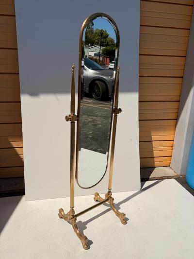 Maison Jansen Hollywood Regency Neoclassical Brass Cheval Floor Mirror 1970s