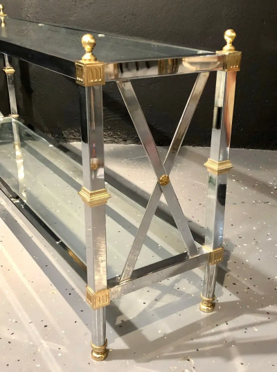 Maison Jansen Hollywood Regency Style Console TV Table Steel and Brass Jansen Fashioned