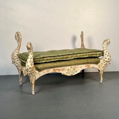 Maison Jansen Hollywood Regency Swan Bench Daybed by Maison Jansen Hand Carved Distressed