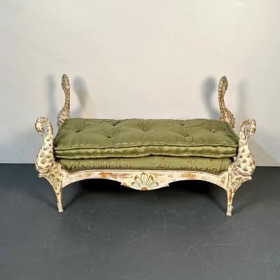 Maison Jansen Hollywood Regency Swan Bench Daybed by Maison Jansen Hand Carved Distressed