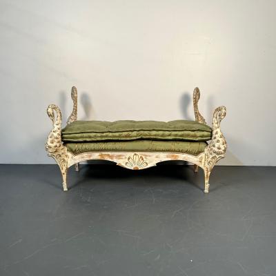Maison Jansen Hollywood Regency Swan Bench Daybed by Maison Jansen Hand Carved Distressed