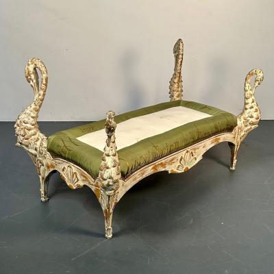 Maison Jansen Hollywood Regency Swan Bench Daybed by Maison Jansen Hand Carved Distressed