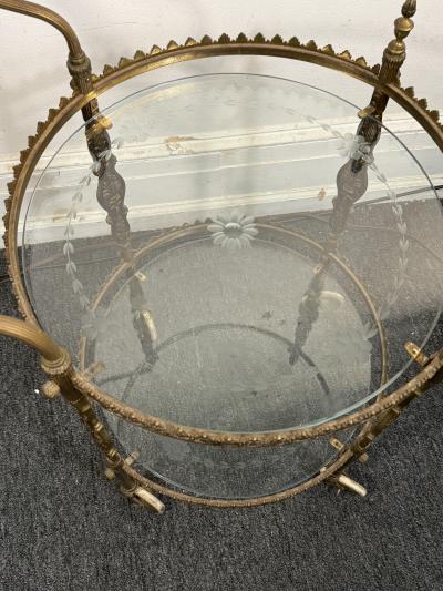 Maison Jansen ITALIAN ART DECO BRASS ETCHED GLASS DOUBLE TIER BAR CART