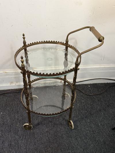 Maison Jansen ITALIAN ART DECO BRASS ETCHED GLASS DOUBLE TIER BAR CART