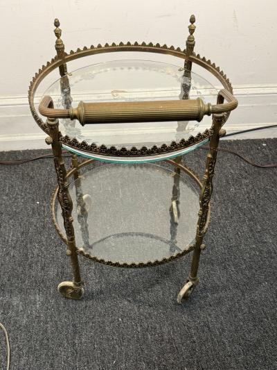 Maison Jansen ITALIAN ART DECO BRASS ETCHED GLASS DOUBLE TIER BAR CART
