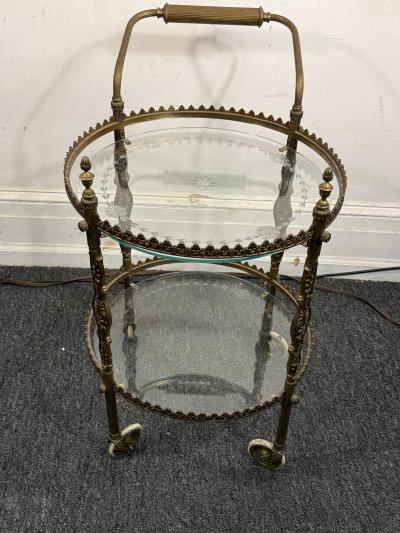 Maison Jansen ITALIAN ART DECO BRASS ETCHED GLASS DOUBLE TIER BAR CART
