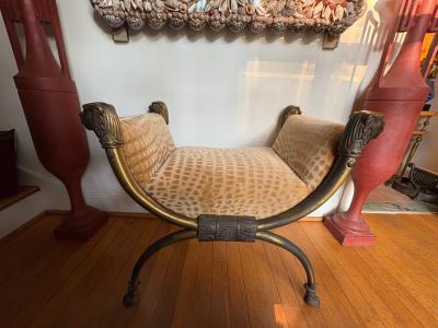 Maison Jansen Italian Brass Curule Bench With Lions Heads