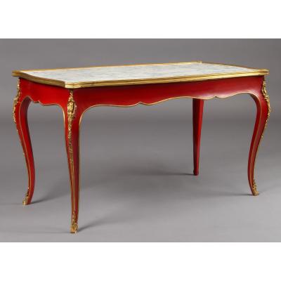 Maison Jansen Jansen 1950s Louis XV Style Red Lacquer Coffee Table with Bronze Mounts