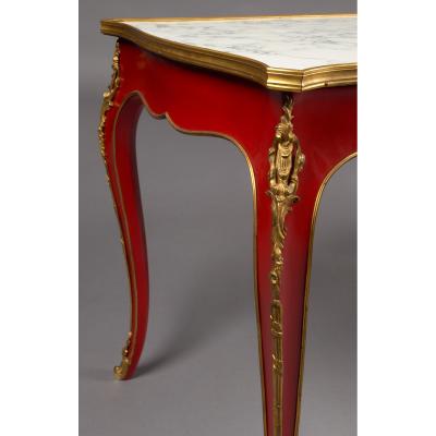 Maison Jansen Jansen 1950s Louis XV Style Red Lacquer Coffee Table with Bronze Mounts
