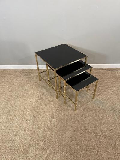Maison Jansen Jansen Brass Faux Bamboo Set of 3 Nesting Tables with Black Vitrolite Glass