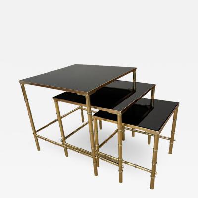 Maison Jansen Jansen Brass Faux Bamboo Set of 3 Nesting Tables with Black Vitrolite Glass