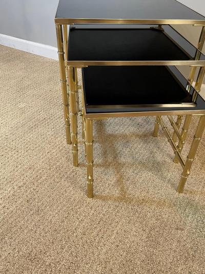 Maison Jansen Jansen Brass Faux Bamboo Set of 3 Nesting Tables with Black Vitrolite Glass