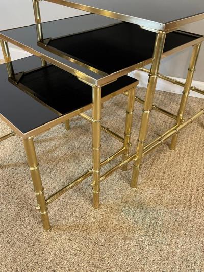 Maison Jansen Jansen Brass Faux Bamboo Set of 3 Nesting Tables with Black Vitrolite Glass