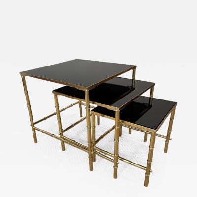 Maison Jansen Jansen Brass Faux Bamboo Set of 3 Nesting Tables with Black Vitrolite Glass