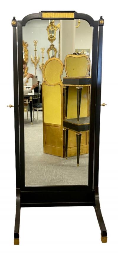 Maison Jansen Jansen Fashioned Chavel Ebonized Floor Chevel Mirror with Bronze Mounts