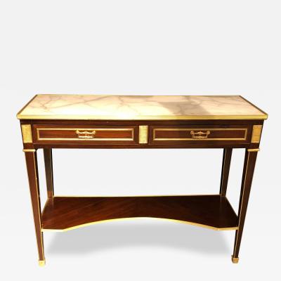 Maison Jansen Jansen Style Two Drawer Marble Top Bronze Console or Serving Table