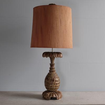 Maison Jansen Large Carved Wood Pineapple Lamp with Original Shade Maison Jansen France
