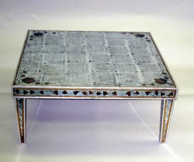 Maison Jansen Large French Midcentury Silver Leaf Verre glomis Coffee Table Maison Jansen