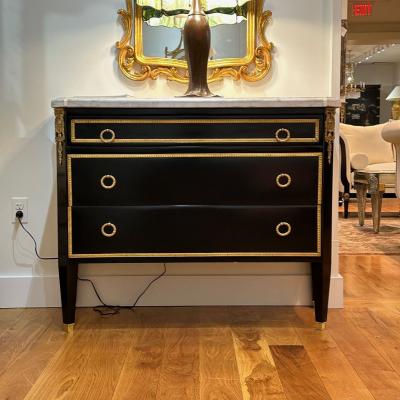 Maison Jansen Louis XVI Hollywood Regency Commodes Black Painted Wood Bronze Marble