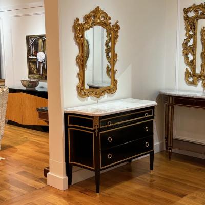 Maison Jansen Louis XVI Hollywood Regency Commodes Black Painted Wood Bronze Marble
