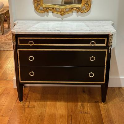 Maison Jansen Louis XVI Hollywood Regency Commodes Black Painted Wood Bronze Marble