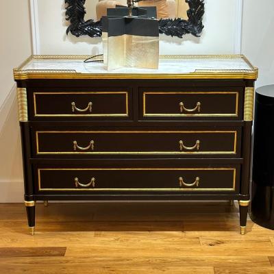 Maison Jansen Louis XVI Style Hollywood Regency Commodes Black Painted Wood Bronze Marble