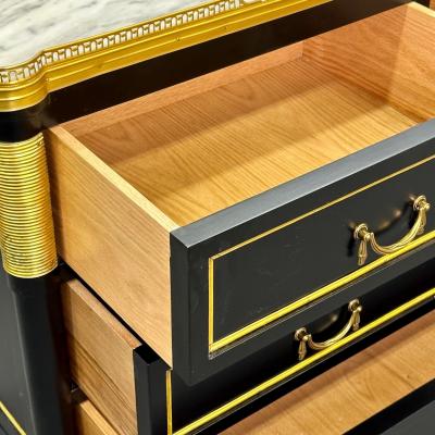 Maison Jansen Louis XVI Style Hollywood Regency Commodes Black Painted Wood Bronze Marble