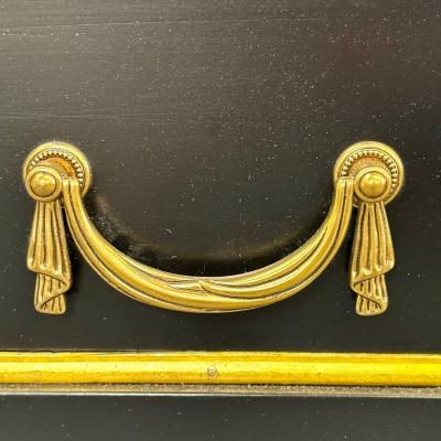 Maison Jansen Louis XVI Style Hollywood Regency Commodes Black Painted Wood Bronze Marble