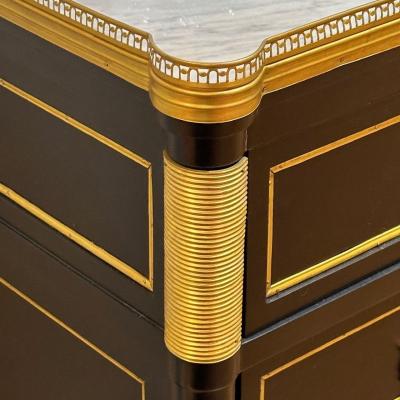 Maison Jansen Louis XVI Style Hollywood Regency Commodes Black Painted Wood Bronze Marble