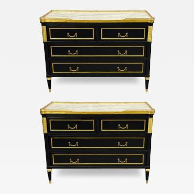 Maison Jansen Louis XVI Style Hollywood Regency Commodes Black Painted Wood Bronze Marble