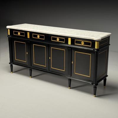 Maison Jansen Louis XVI Style Hollywood Regency Sideboard Black Lacquer Marble Bronze