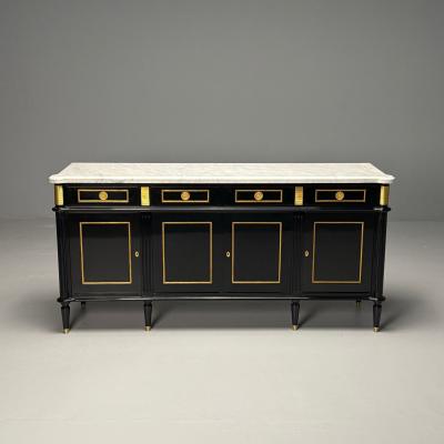 Maison Jansen Louis XVI Style Hollywood Regency Sideboard Black Lacquer Marble Bronze