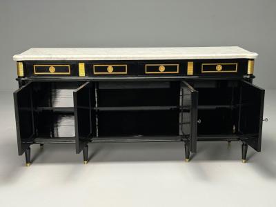Maison Jansen Louis XVI Style Hollywood Regency Sideboard Black Lacquer Marble Bronze