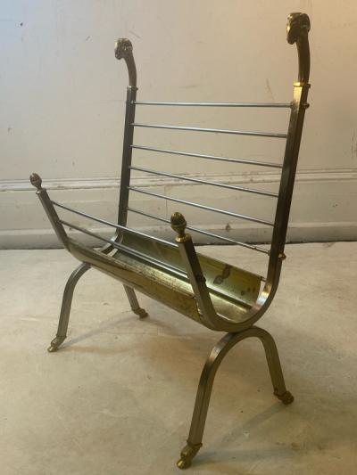 Maison Jansen MAISON JANSEN NICKEL AND BRASS RAMS HEAD AND HOOVES MAGAZINE RACK