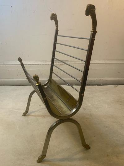 Maison Jansen MAISON JANSEN NICKEL AND BRASS RAMS HEAD AND HOOVES MAGAZINE RACK