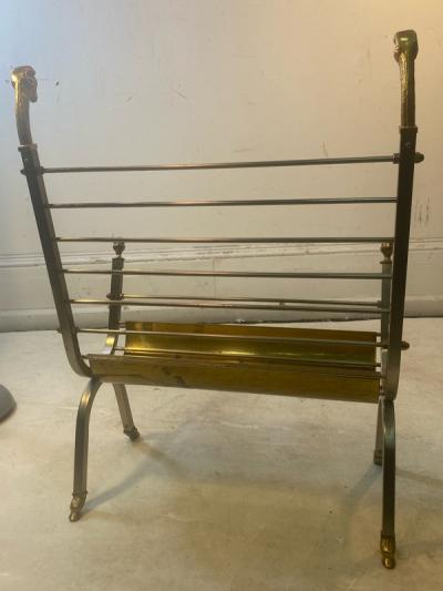 Maison Jansen MAISON JANSEN NICKEL AND BRASS RAMS HEAD AND HOOVES MAGAZINE RACK