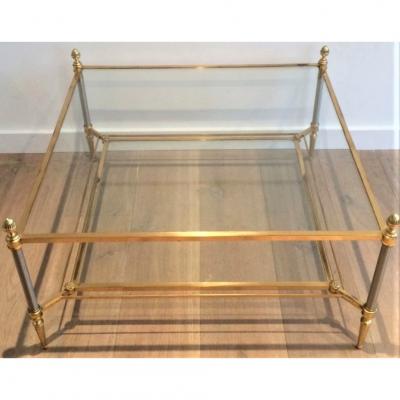 Maison Jansen MID CENTURY MAISON JANSEN BRASS COFFEE TABLE WITH 2 TIERS GLASS SHELVES