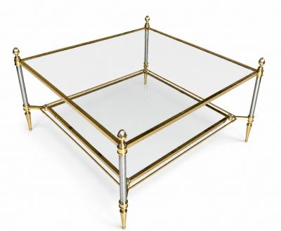 Maison Jansen MID CENTURY MAISON JANSEN BRASS COFFEE TABLE WITH 2 TIERS GLASS SHELVES