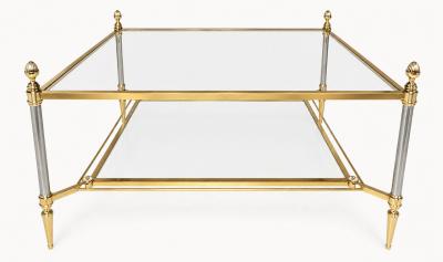 Maison Jansen MID CENTURY MAISON JANSEN BRASS COFFEE TABLE WITH 2 TIERS GLASS SHELVES
