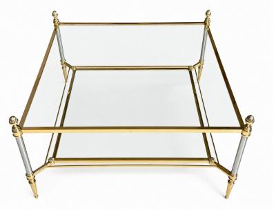 Maison Jansen MID CENTURY MAISON JANSEN BRASS COFFEE TABLE WITH 2 TIERS GLASS SHELVES