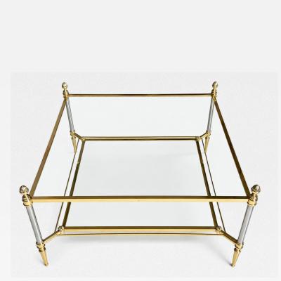Maison Jansen MID CENTURY MAISON JANSEN BRASS COFFEE TABLE WITH 2 TIERS GLASS SHELVES
