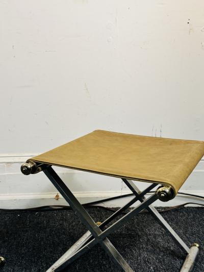 Maison Jansen MODERNIST PAIR OF CHROME BRASS KNOB SUEDE SEAT X STOOLS