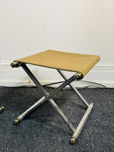 Maison Jansen MODERNIST PAIR OF CHROME BRASS KNOB SUEDE SEAT X STOOLS