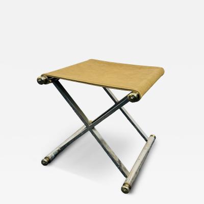 Maison Jansen MODERNIST PAIR OF CHROME BRASS KNOB SUEDE SEAT X STOOLS