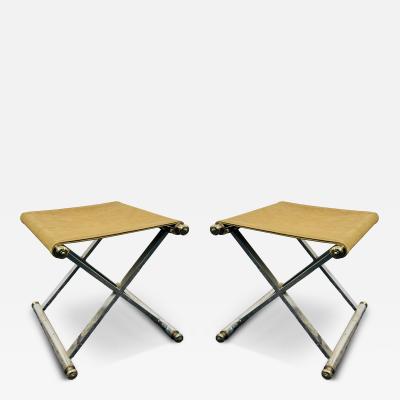 Maison Jansen MODERNIST PAIR OF CHROME BRASS KNOB SUEDE SEAT X STOOLS