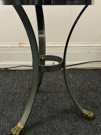 Maison Jansen MODERNIST ROUND BLACK SLATE TOPPED CHROME BRASS PAW TRIPOD FOOTED TABLE