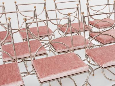 Maison Jansen Maison Jansen 12 curule chairs steel brass pink velvet 1960s