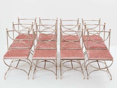 Maison Jansen Maison Jansen 12 curule chairs steel brass pink velvet 1960s