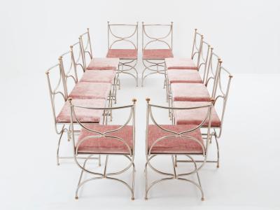 Maison Jansen Maison Jansen 12 curule chairs steel brass pink velvet 1960s